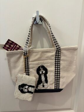 NWT Made in India Canvas Dog Applique Tote Bag with Beaded Coin Pouch